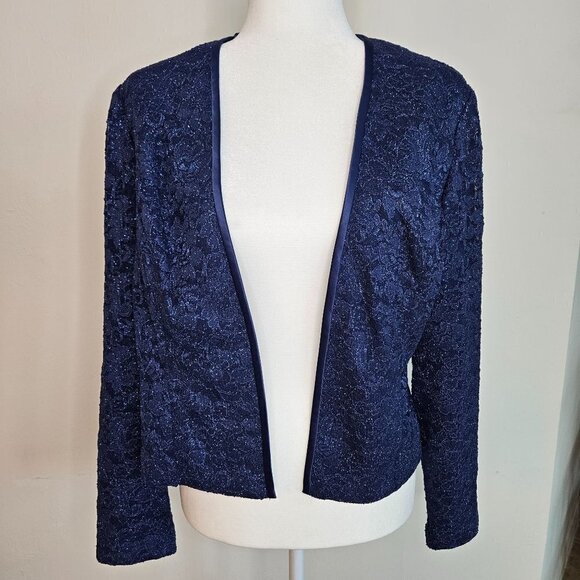 ALEX Evenings Size 12 Blazer Blue Metallic Sparkle Open Front Stretch - Picture 2 of 10